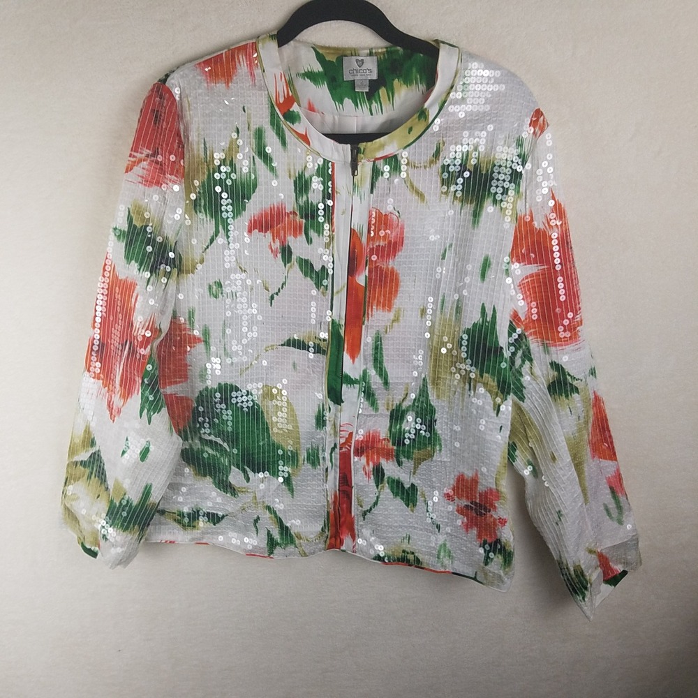 Chico's Sequin Floral Jacket Womens 2 White Orange Green Excellent Zip Front Art